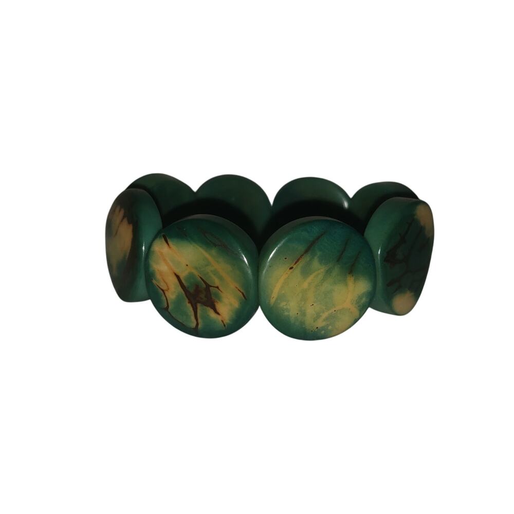 Tagua Nut Aqua Teal Stretch Round Panel Bracelet - Matte Marble Design